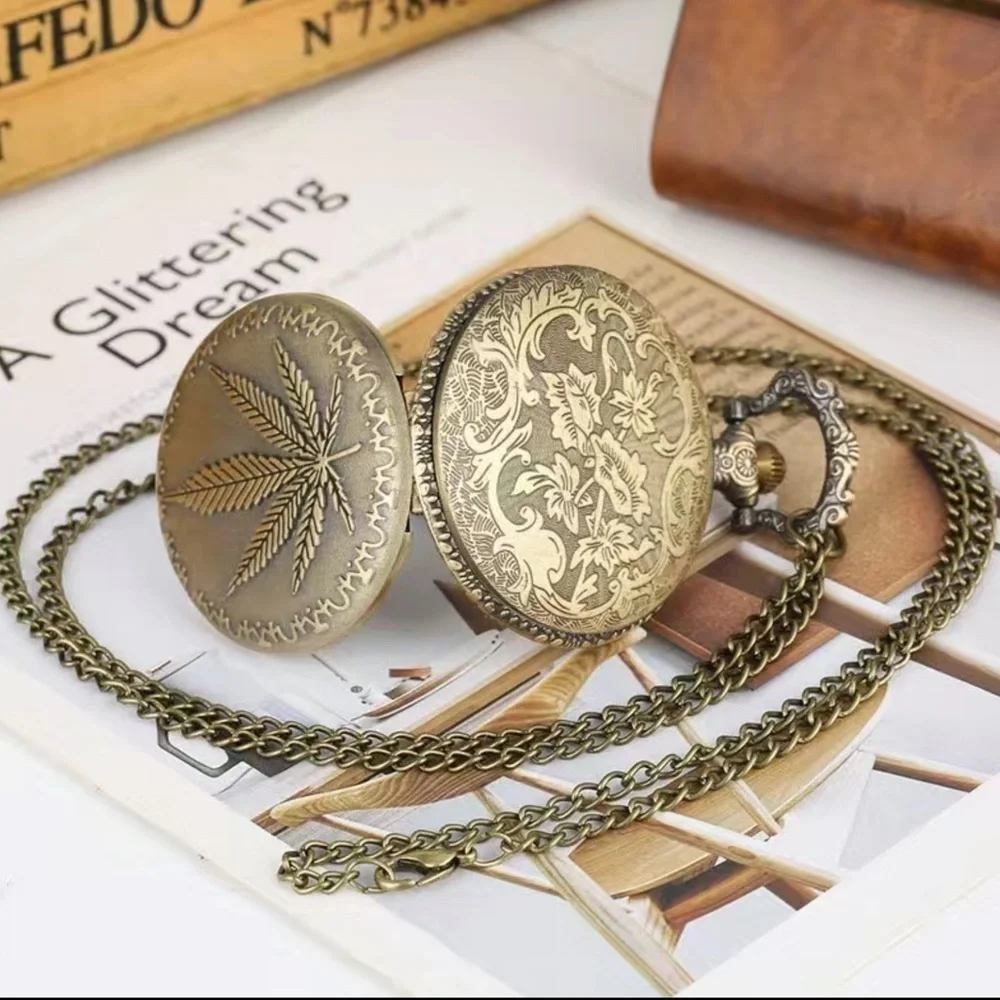 Pocket Watch Bronze Plant Leaf Long Chain Quartz Analog Retro with Gift Pouch